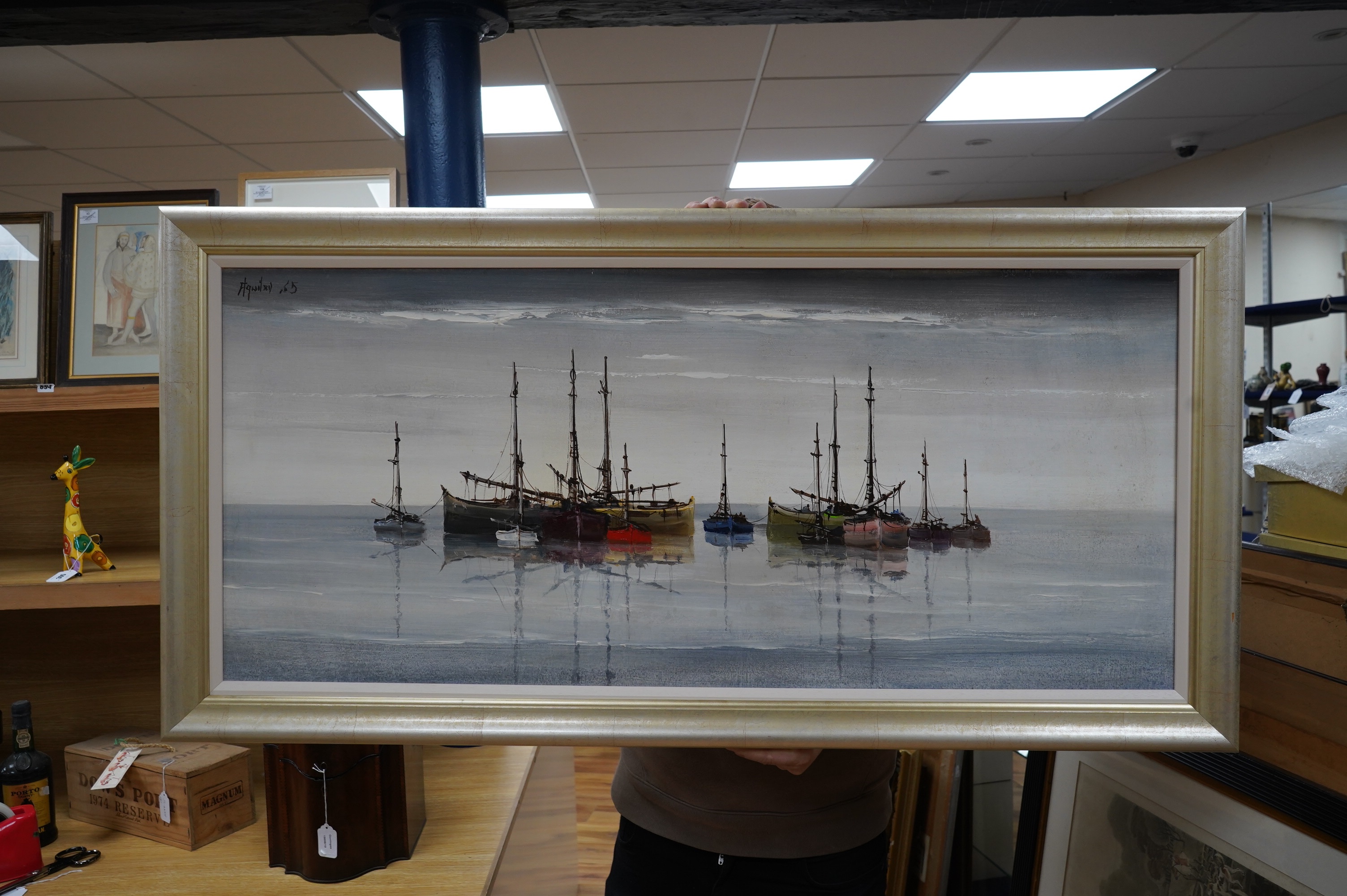 Aguileira, oil on board, Coastal view with fishing boats, signed and dated '65, 49 x 113cm. Condition - fair